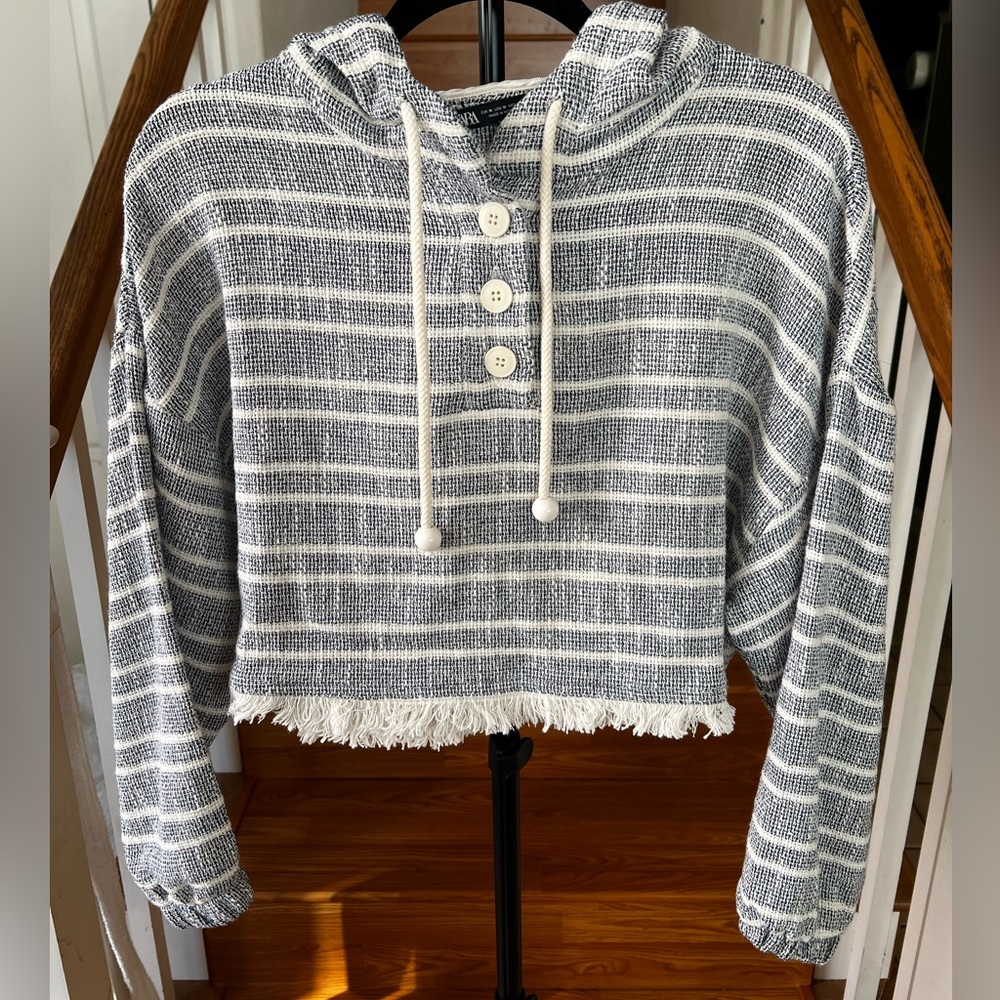 Zara Navy & White Stripped Sweater with Hood and Frayed fringe Detail NWOT